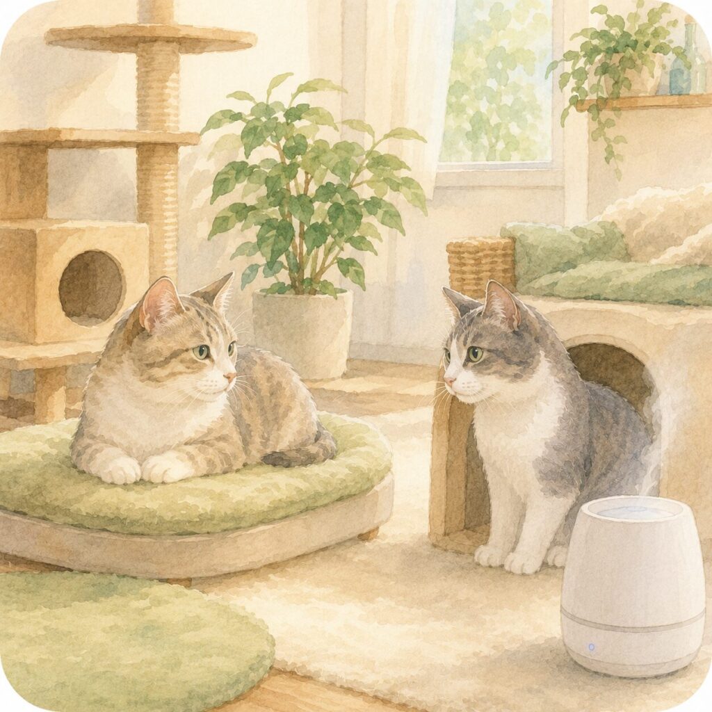 落ち着いた環境で距離を保ちながら過ごす2匹の猫とフェリウェイフレンズのイメージ