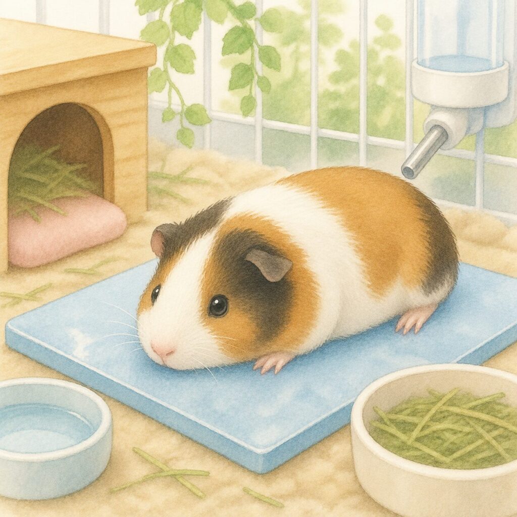 暑さでぐったりしているモルモットと木製ハウス、牧草、水入れ、冷却プレートを描いたイラスト|モルモットの熱中症をイメージ