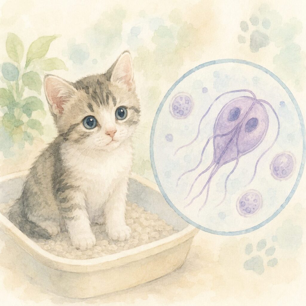 トイレに座る子ねこちゃんとジアルジア原虫のイメージイラスト｜猫のジアルジア感染症をイメージ