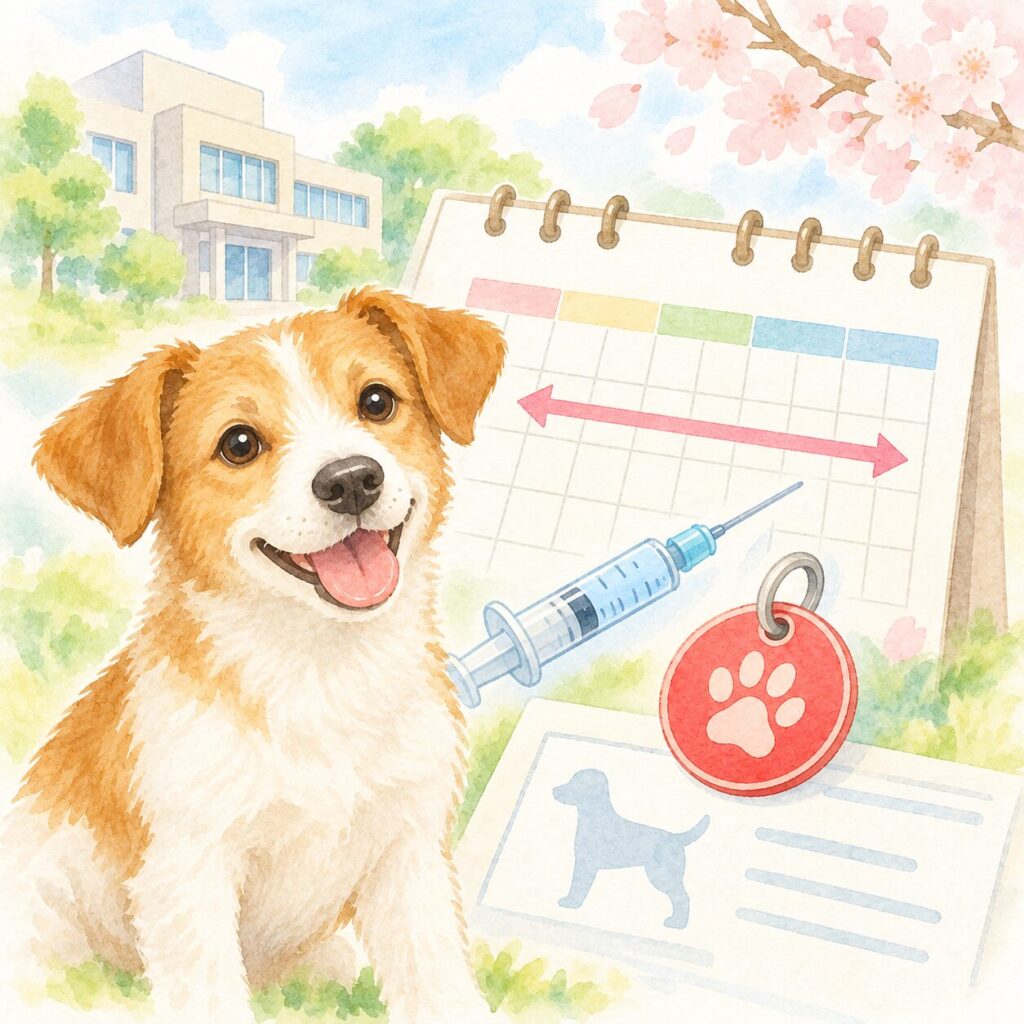 犬とカレンダー、注射器、注射済票を表す鑑札風のタグのイラスト｜2027年からの狂犬病予防注射の制度変更をイメージ