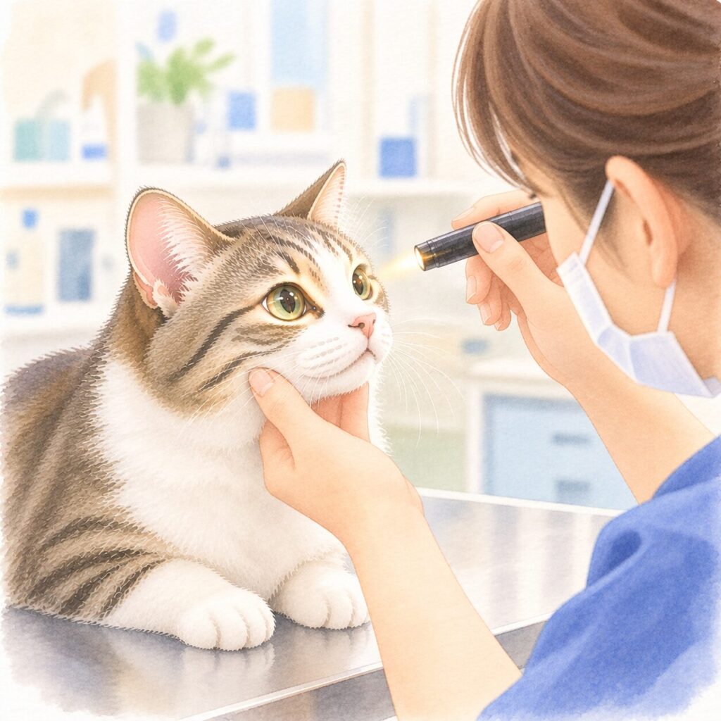 猫の目を診察しているイラスト|猫の眼科検査・目の病気をイメージ