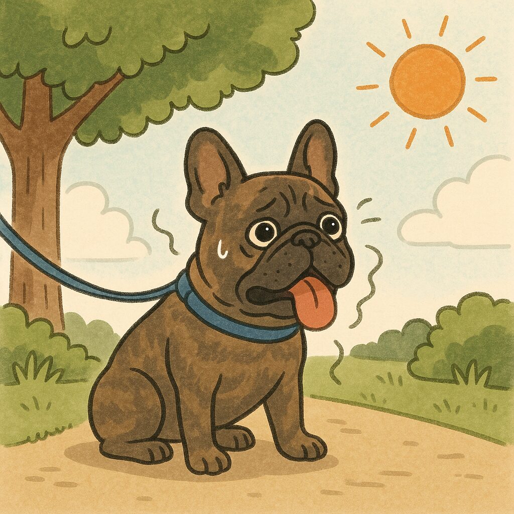 暑さで呼吸が荒くなり、散歩中に立ち止まる短頭種の犬