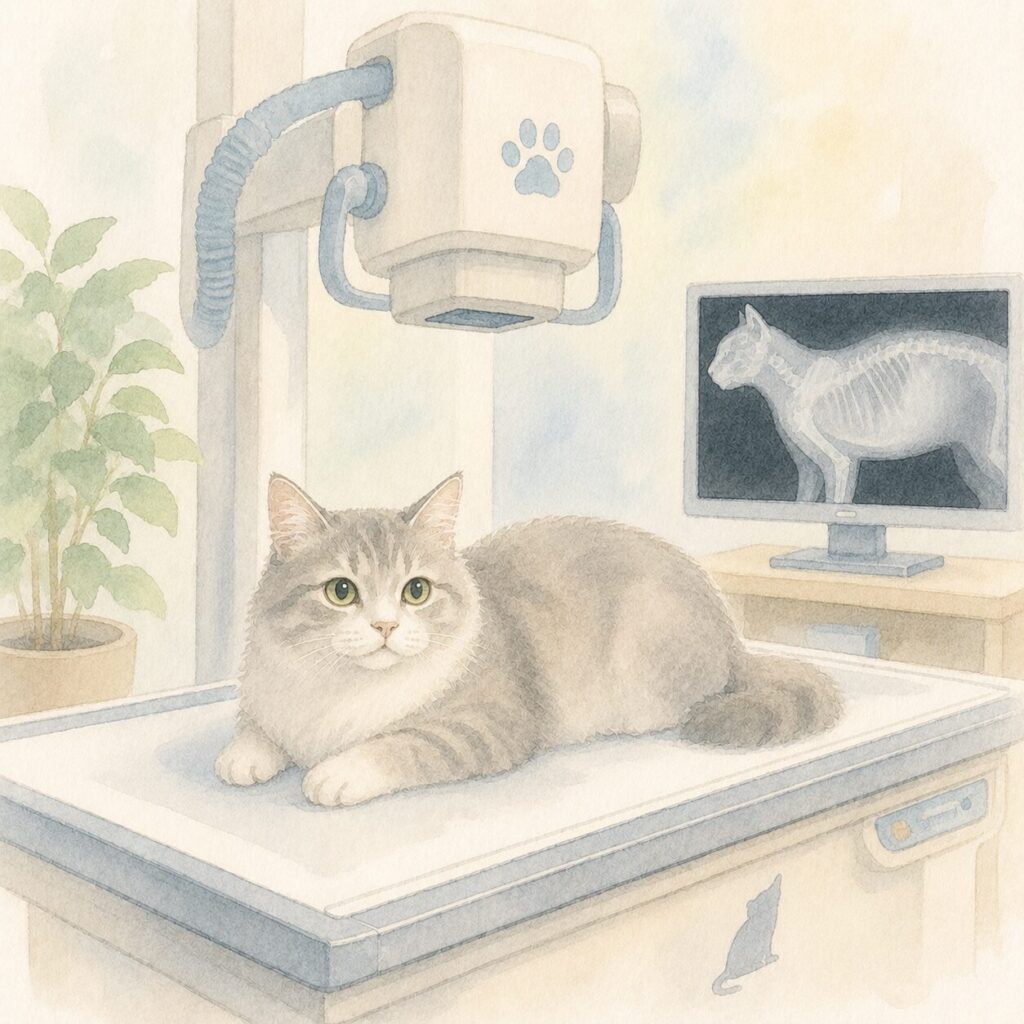レントゲン検査を受ける猫のイラスト｜猫のレントゲン検査をイメージ