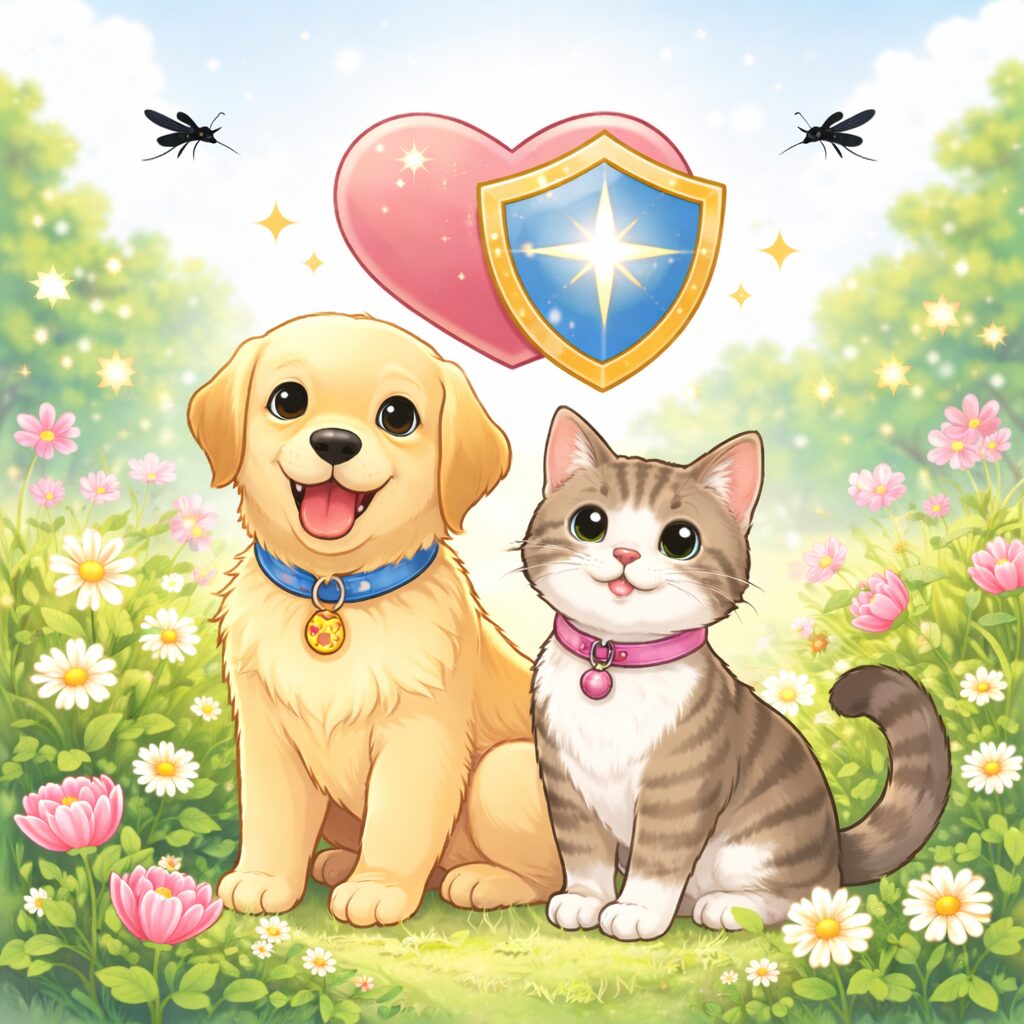 春の花畑で並ぶ犬と猫とハートと盾のアイコン、黒い蚊のシルエットが描かれたフィラリア予防イメージイラスト