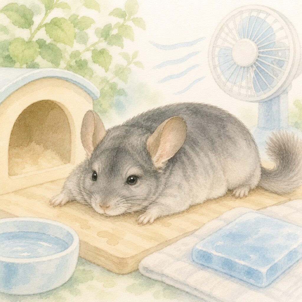 暑さでぐったりしているチンチラと冷却プレート、水入れを描いたイラスト｜チンチラの熱中症をイメージ