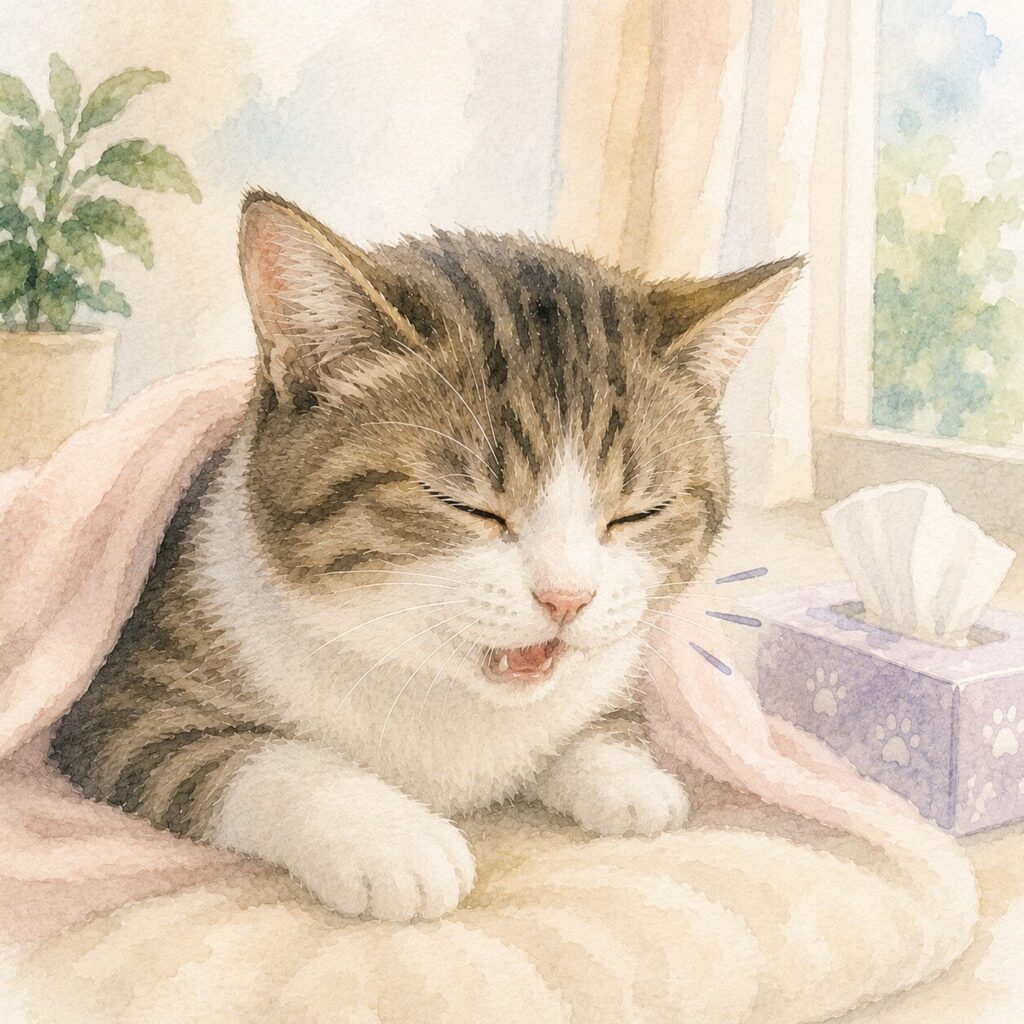 くしゃみをしている猫が毛布で休んでいる様子を描いたやイラスト|猫風邪をイメージ