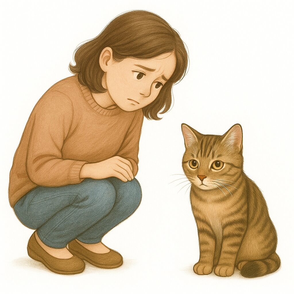 猫の異変に気づき、優しく見守る飼い主（しゃがんで猫をのぞく姿勢）