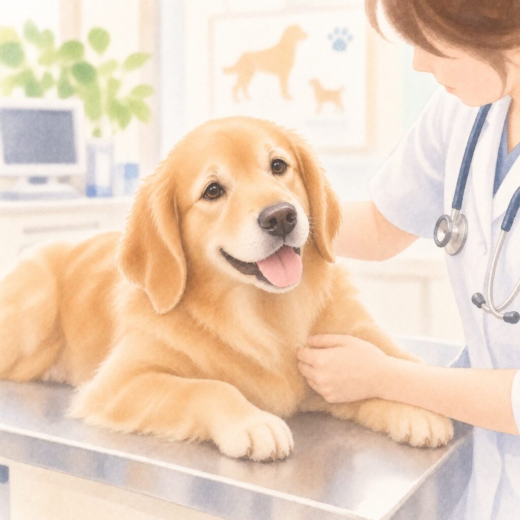 動物病院で検査を受ける犬のイラスト|犬のACTH刺激試験をイメージ