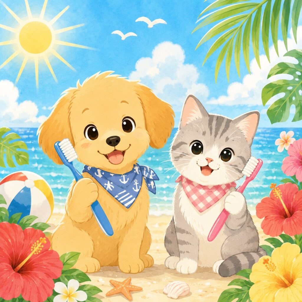 夏の海辺を背景に、歯ブラシを持った犬と猫が並んでいるデンタルキャンペーン用イラスト。ハイビスカスやヤシの葉が描かれた明るく爽やかなデザイン。