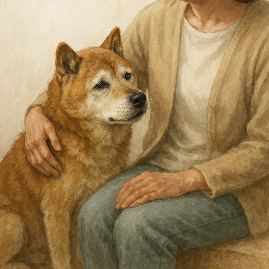 飼い主のそばで穏やかに寄り添っている老犬の柴犬（シニア犬の優しい表情と落ち着いた様子）