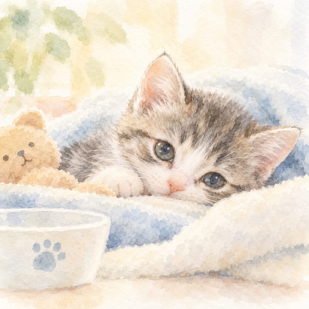 毛布の上で休む子猫を描いたイラスト｜猫汎白血球減少症のイメージ