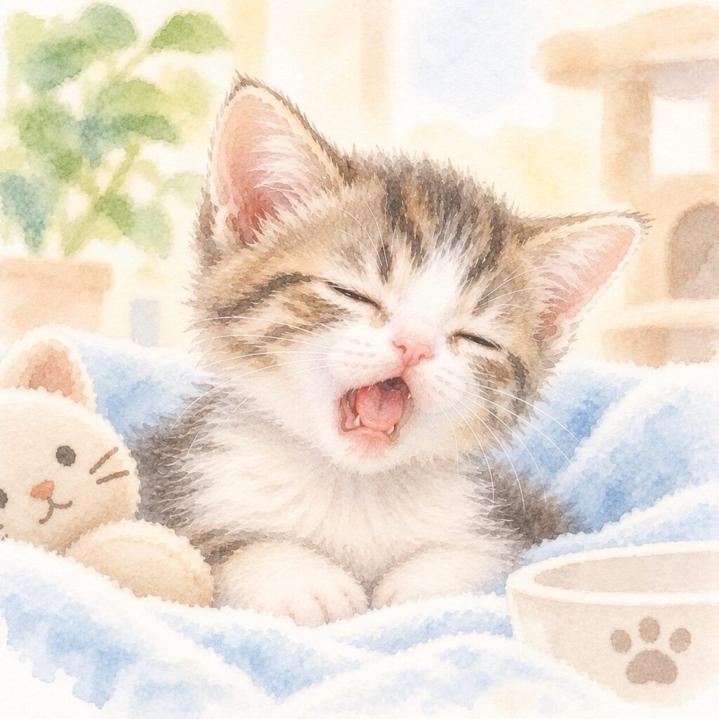 口の痛みが気になる子猫を描いたイラスト｜猫カリシウイルスをイメージ
