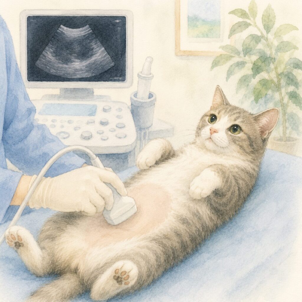 超音波（エコー）検査を受ける猫と超音波検査装置を描いた水彩イラスト｜猫の腹部超音波（エコー）検査をイメージ
