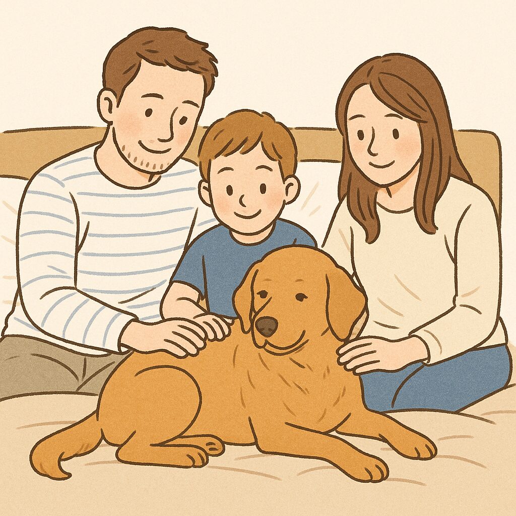 ベッドの上で家族に囲まれ、リラックスして過ごす茶色い犬。家庭での穏やかな時間。
