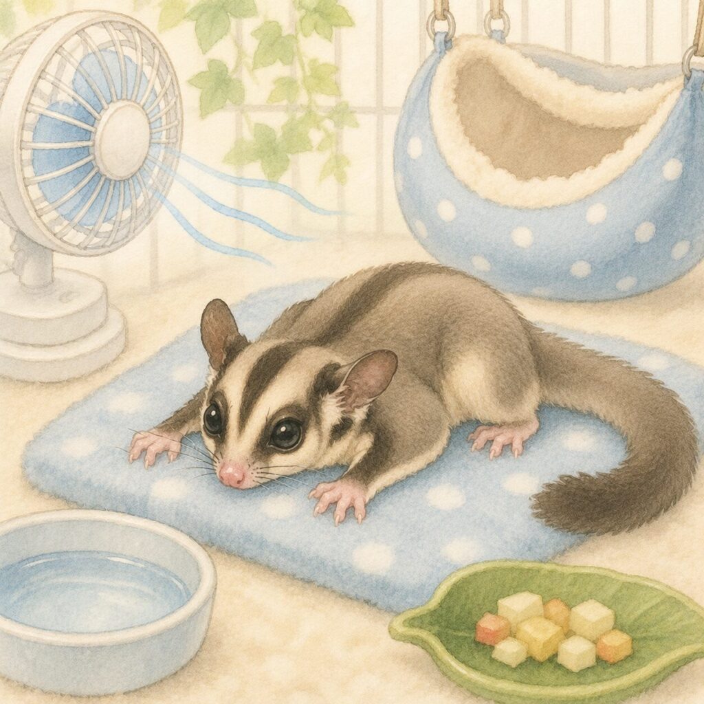 暑さでぐったりしているフクロモモンガとポーチ、水入れ、冷却マットのイラスト|フクロモモンガの熱中症をイメージ