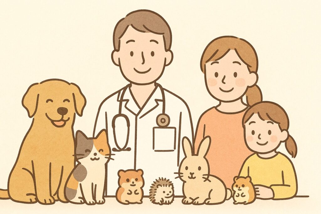 獣医師と飼い主家族、犬・猫・うさぎ・ハムスター・ハリネズミが並んでいるイラスト（地域のホームドクターの雰囲気）