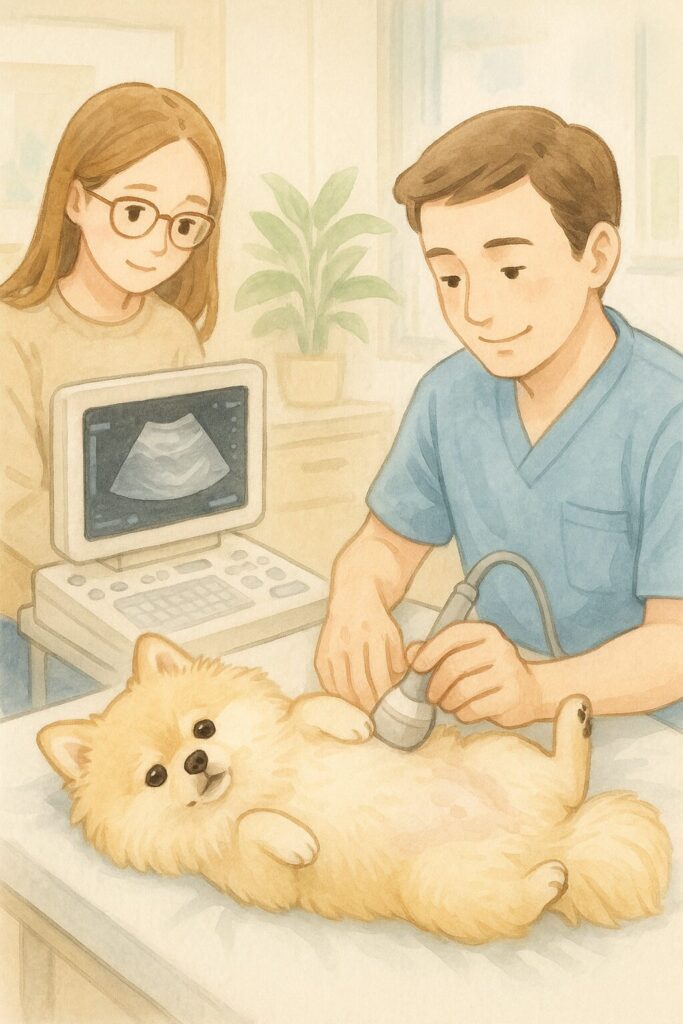 動物病院でお腹のエコー検査を受けている犬（子宮蓄膿症の診断に用いる超音波検査）
