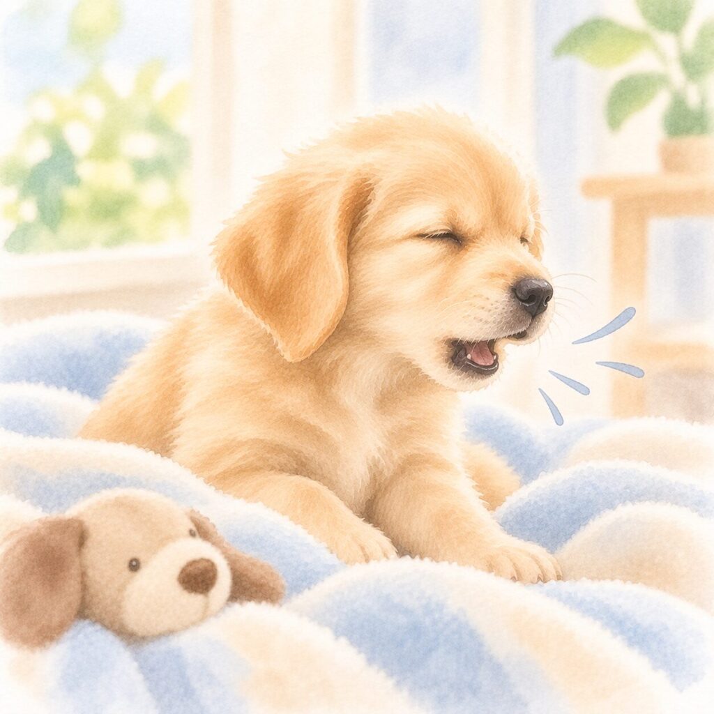 咳をしている子犬のイラスト｜犬のケンネルコフをイメージ