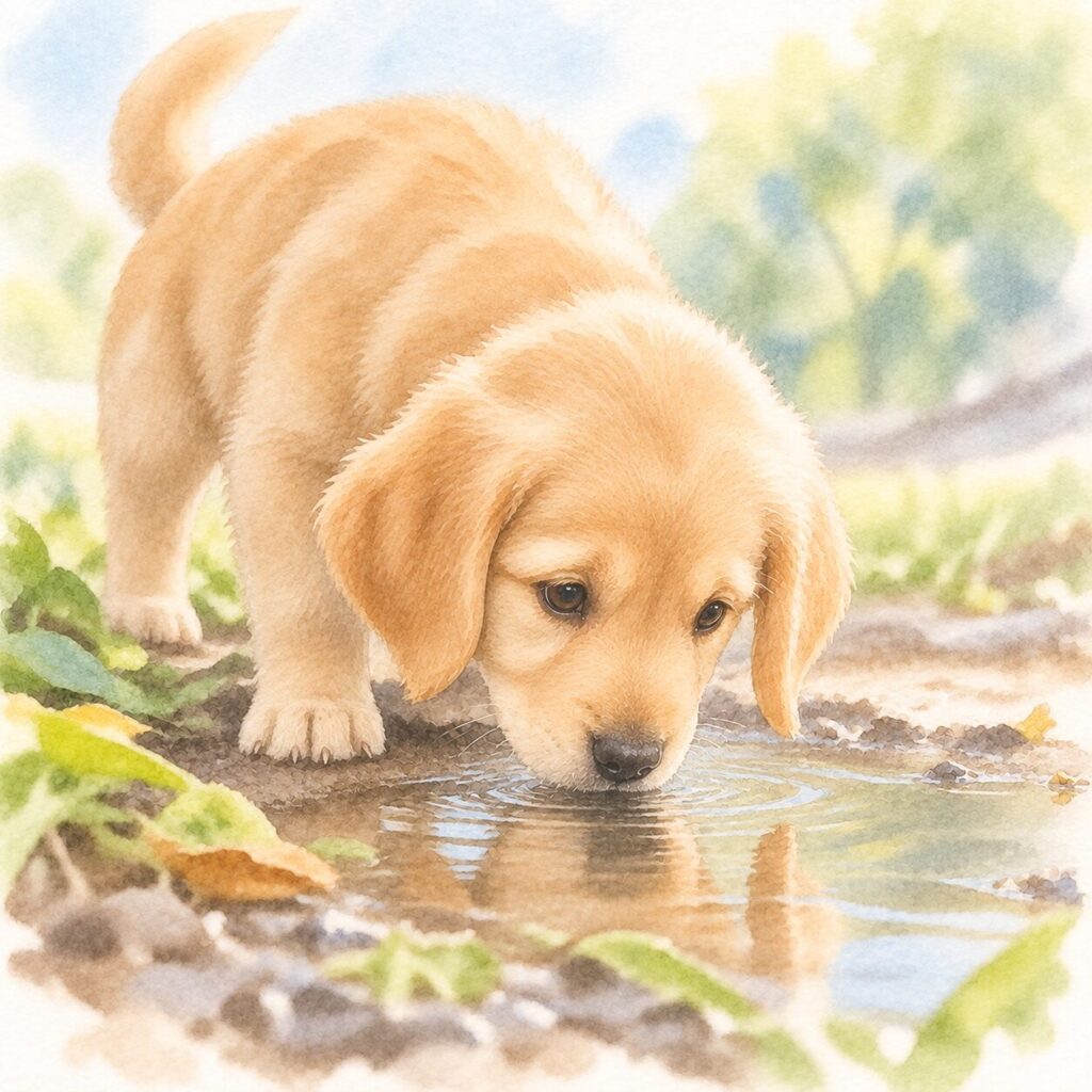 水たまりの水を飲む子犬のイラスト|犬のレプトスピラ症をイメージ