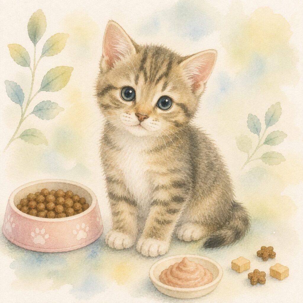 子猫用のフードと少量のおやつのそばに座る子ねこちゃんを描いた水彩風イラスト｜子猫のおやつをイメージ