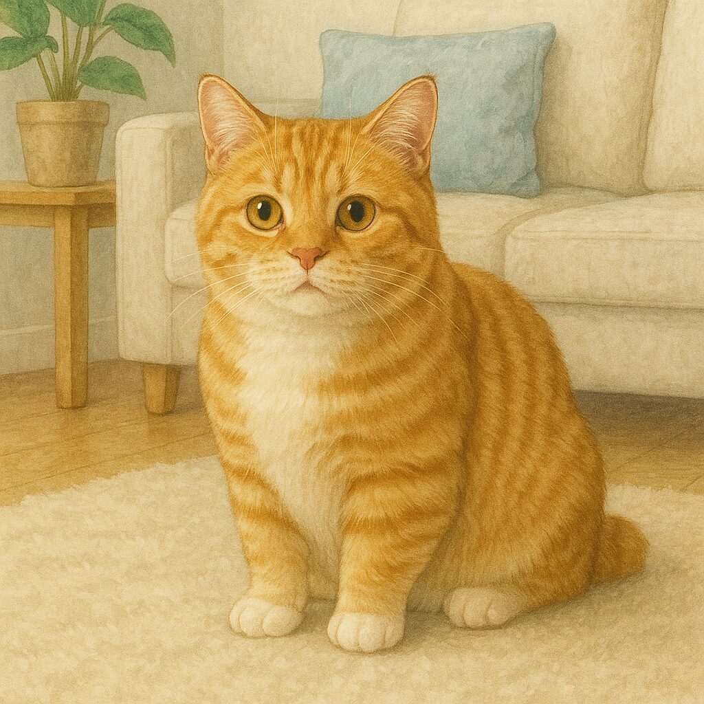 明るいリビングの中でゆったりと座っているマンチカンの猫。白いソファと観葉植物がある室内背景で、リアルで優しい雰囲気のイラスト。