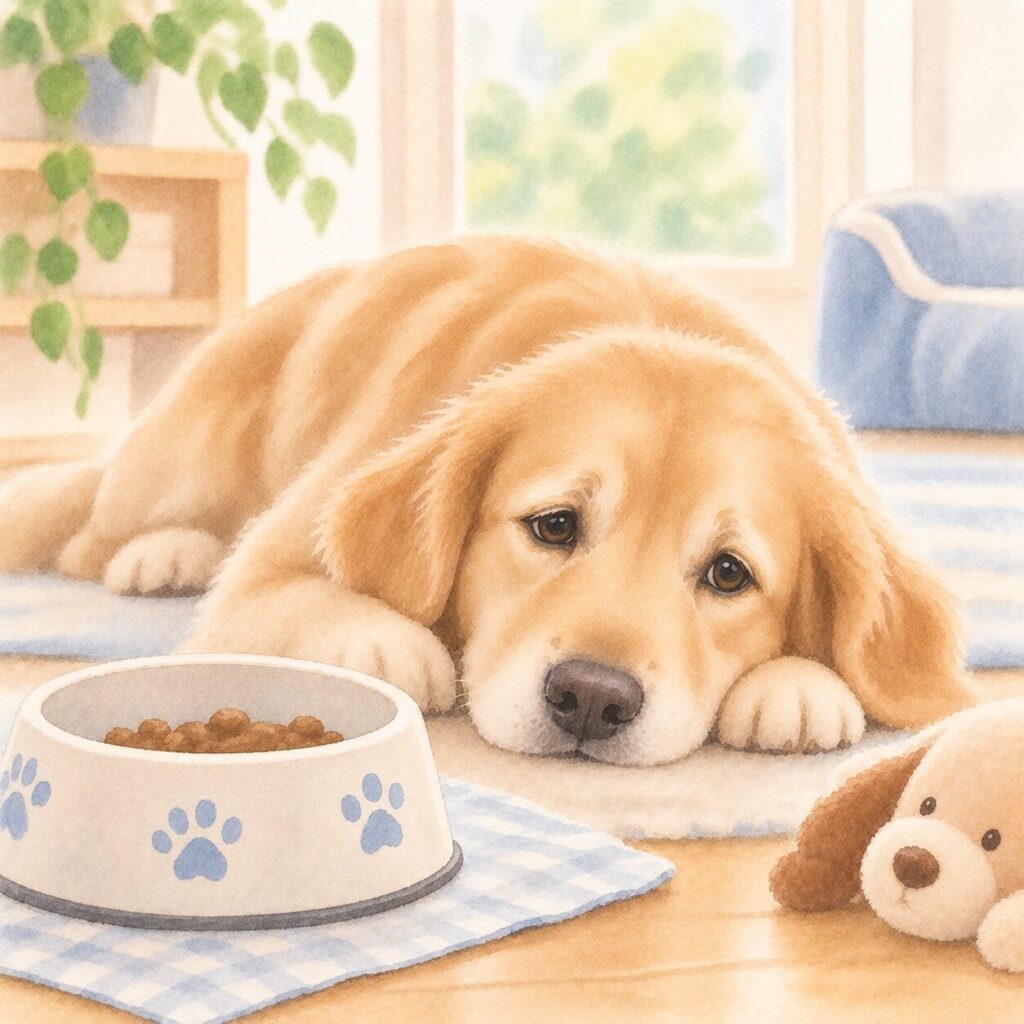 元気や食欲がなく横になる犬のイラスト｜犬のアジソン病（副腎皮質機能低下症）をイメージ