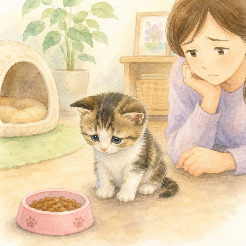 ごはんを食べずに前に座る子猫を描いた水彩風イラスト|子猫の食欲不振をイメージ
