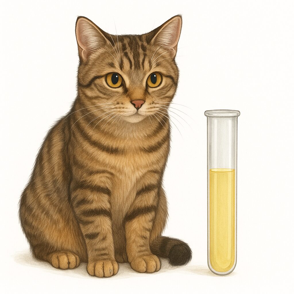 薄い黄色の尿が入った試験管の横に座るキジトラ猫（猫の尿検査をイメージしたイラスト）