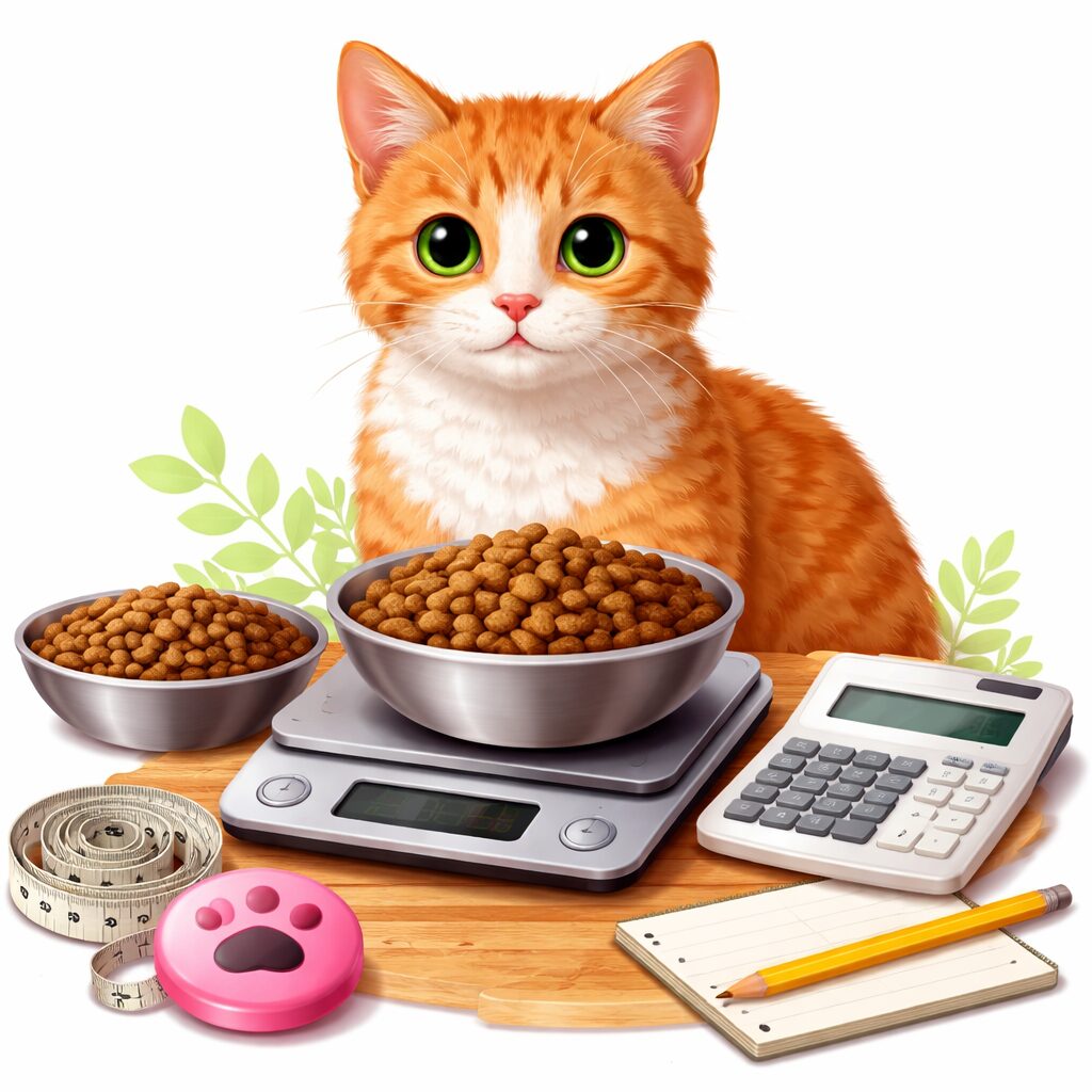 子猫のフード量を計算するイメージのイラスト(キッチンスケールとフード、電卓と子猫)