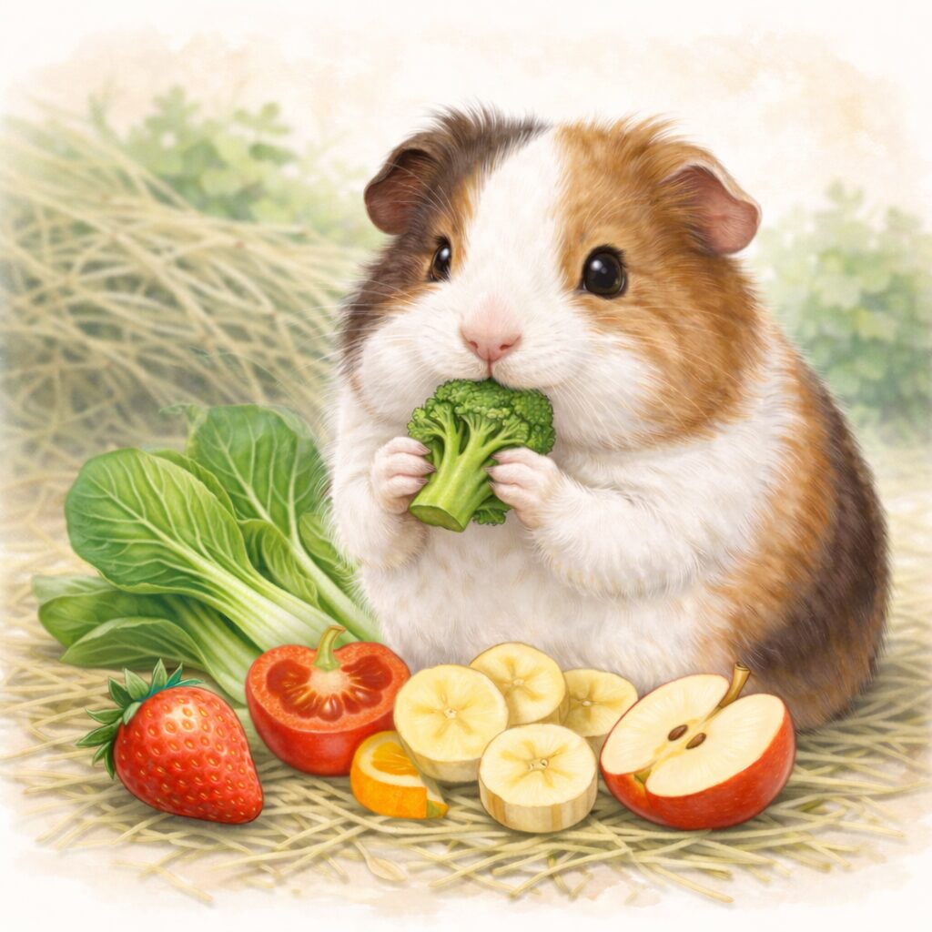 モルモットの食事イメージ(牧草・野菜・果物とモルモットのイラスト)