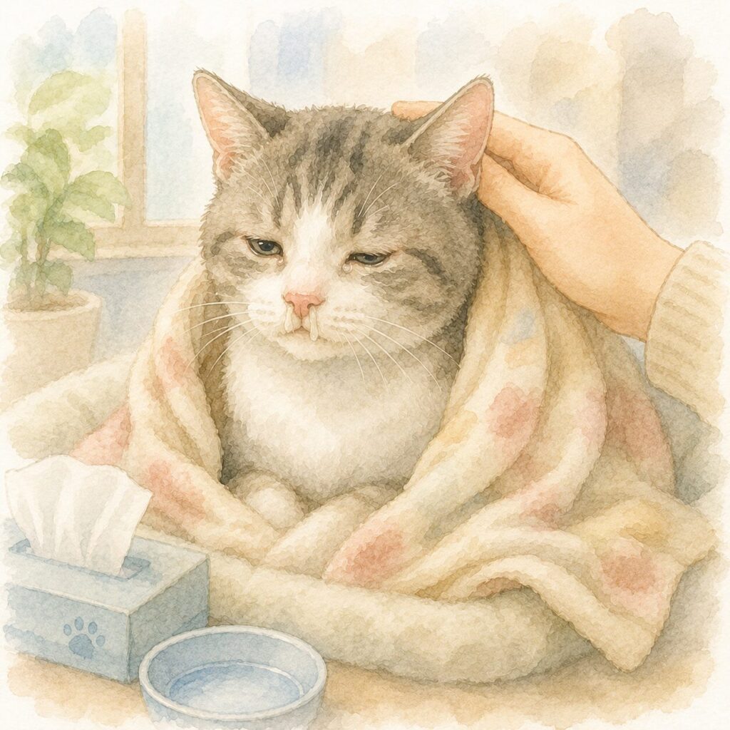 鼻水が出ている猫をやさしくケアする水彩風イラスト｜猫の鼻水をイメージ