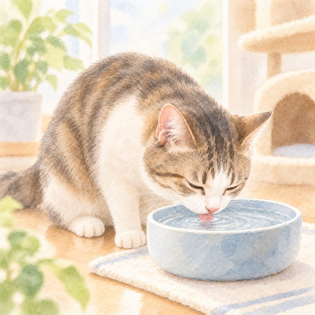 水をよく飲む猫のイラスト｜猫の多飲をイメージ