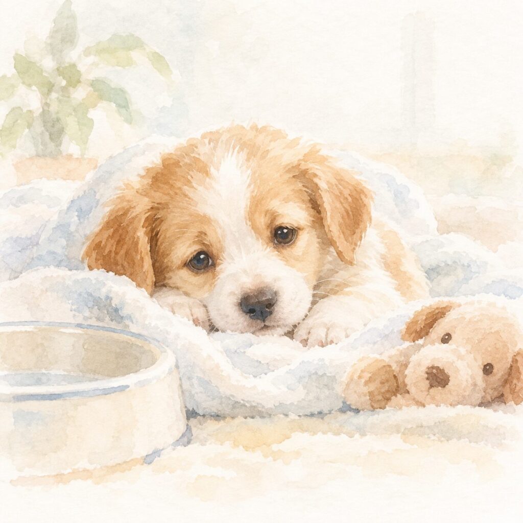元気がなく横になる子犬のイラスト|犬パルボウイルス感染症をイメージ