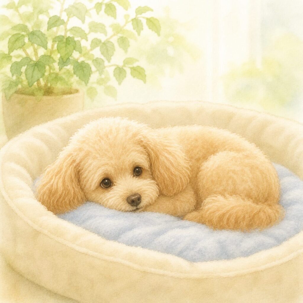 呼吸の異変に注意しながら安静に過ごすトイ・プードル(犬の肺水腫をイメージ)