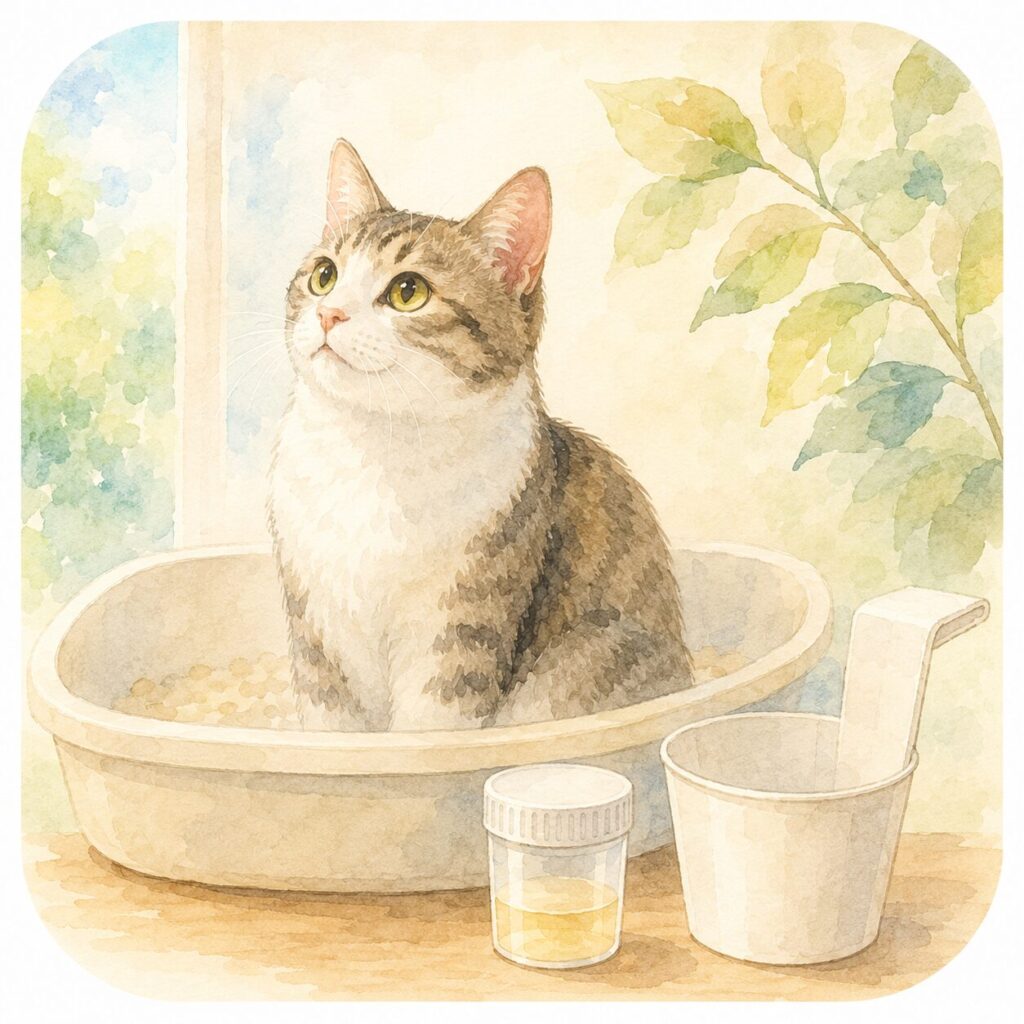 トイレに座る子ねこちゃんと尿検査用の容器、採尿用カップを描いたイラスト｜猫の尿検査をイメージ