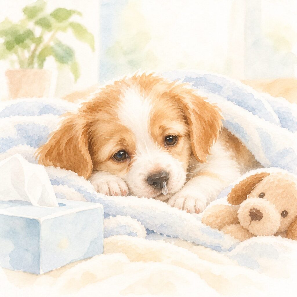 鼻水や目やにがみられる子犬のイラスト｜犬ジステンパーの症状をイメージ