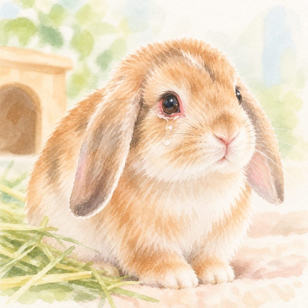 涙が出て目の周りが赤くなっているうさぎのイラスト｜うさぎの涙・目やにをイメージ