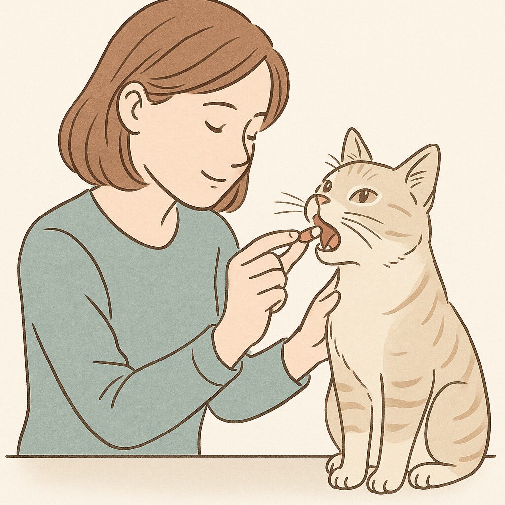 飼い主の女性が猫に錠剤を飲ませている様子。猫は大人しく口を開けており、落ち着いた雰囲気の中で投薬が行われている。