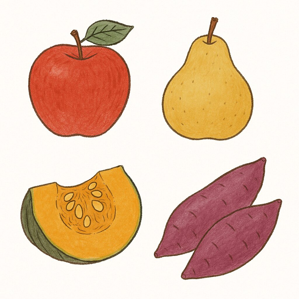 白背景に並べられた秋の食材イラスト。左上から右下にかけて、赤いりんご、黄色い梨、カットされたかぼちゃ、紫色のさつまいもが丁寧に描かれている。