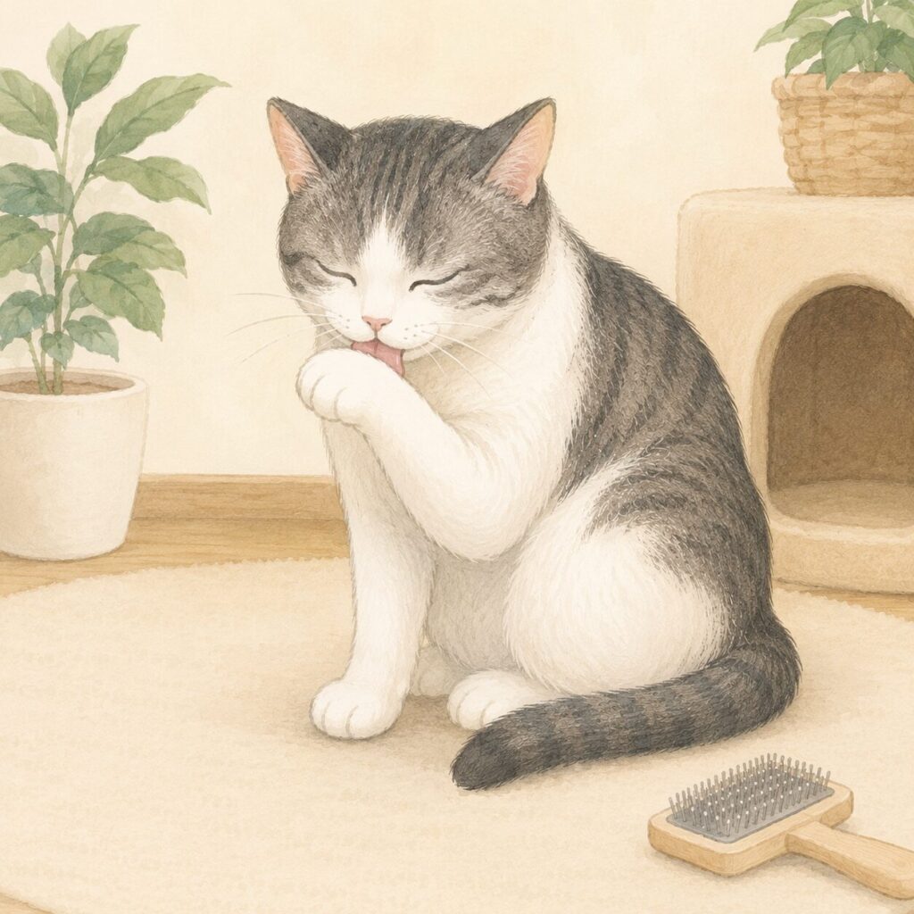 毛づくりをする猫とスリッカーブラシのイラスト|猫の毛球症をイメージ