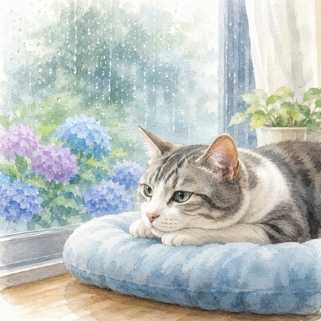 雨の日に窓辺で静かに過ごすねこちゃん（梅雨の体調変化をイメージした水彩イラスト）