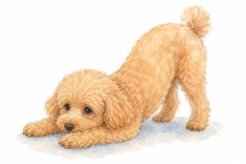 トイプードルが祈りのポーズをしているイラスト｜犬の膵炎でみられる姿勢をイメージ
