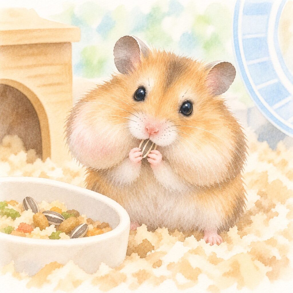 頬袋に食べ物を詰めて頬が大きく膨らんでいるハムスターのイラスト｜ハムスターの頬袋トラブルをイメージ