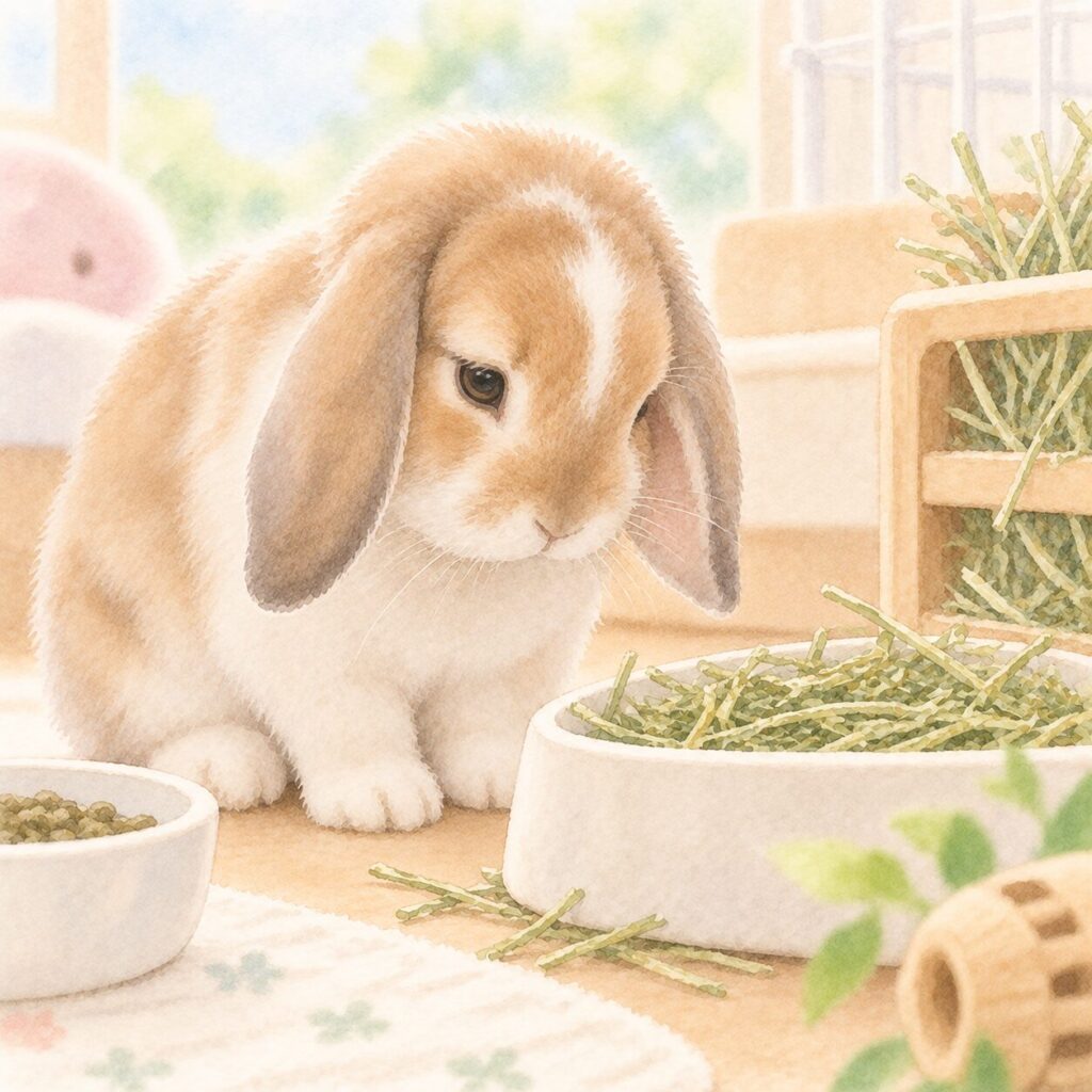 ごはんや牧草を食べないうさぎのイラスト｜うさぎの食欲不振をイメージ