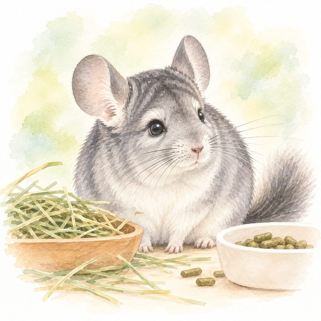 牧草とペレットを前にして座っているチンチラのイラスト|チンチラの食欲不振や食事量の変化を確認するイメージ