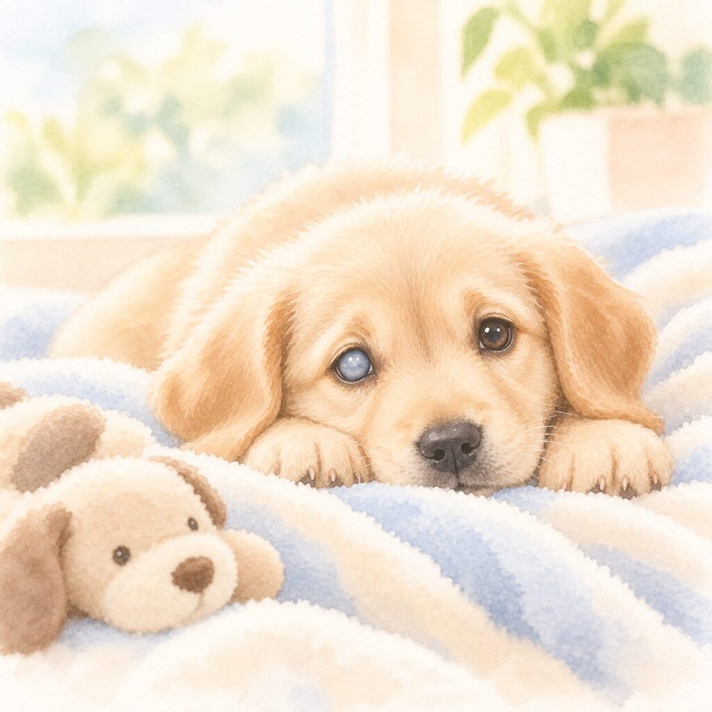 目が青白く濁った子犬のイラスト｜犬伝染性肝炎の症状（ブルーアイ）をイメージ