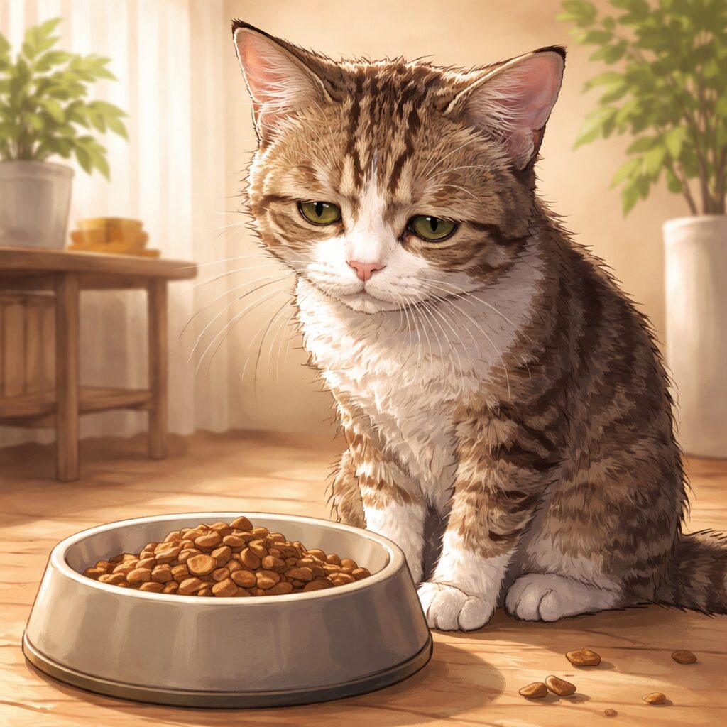 ごはんを前に元気がなく座るシニアねこちゃんのイラスト。高齢猫の食欲不振をイメージした画像