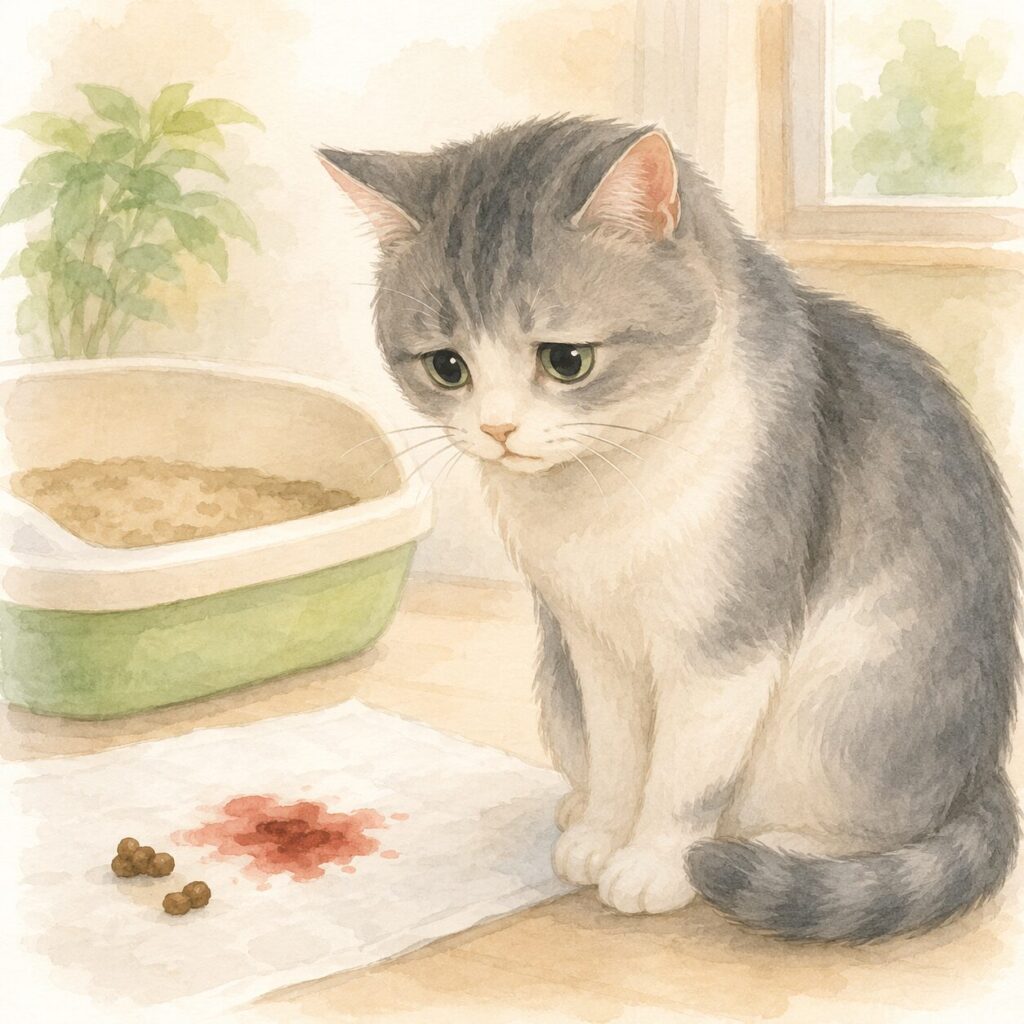 トイレの前で血便を気にする猫を描いた水彩風イラスト｜猫の血便をイメージ