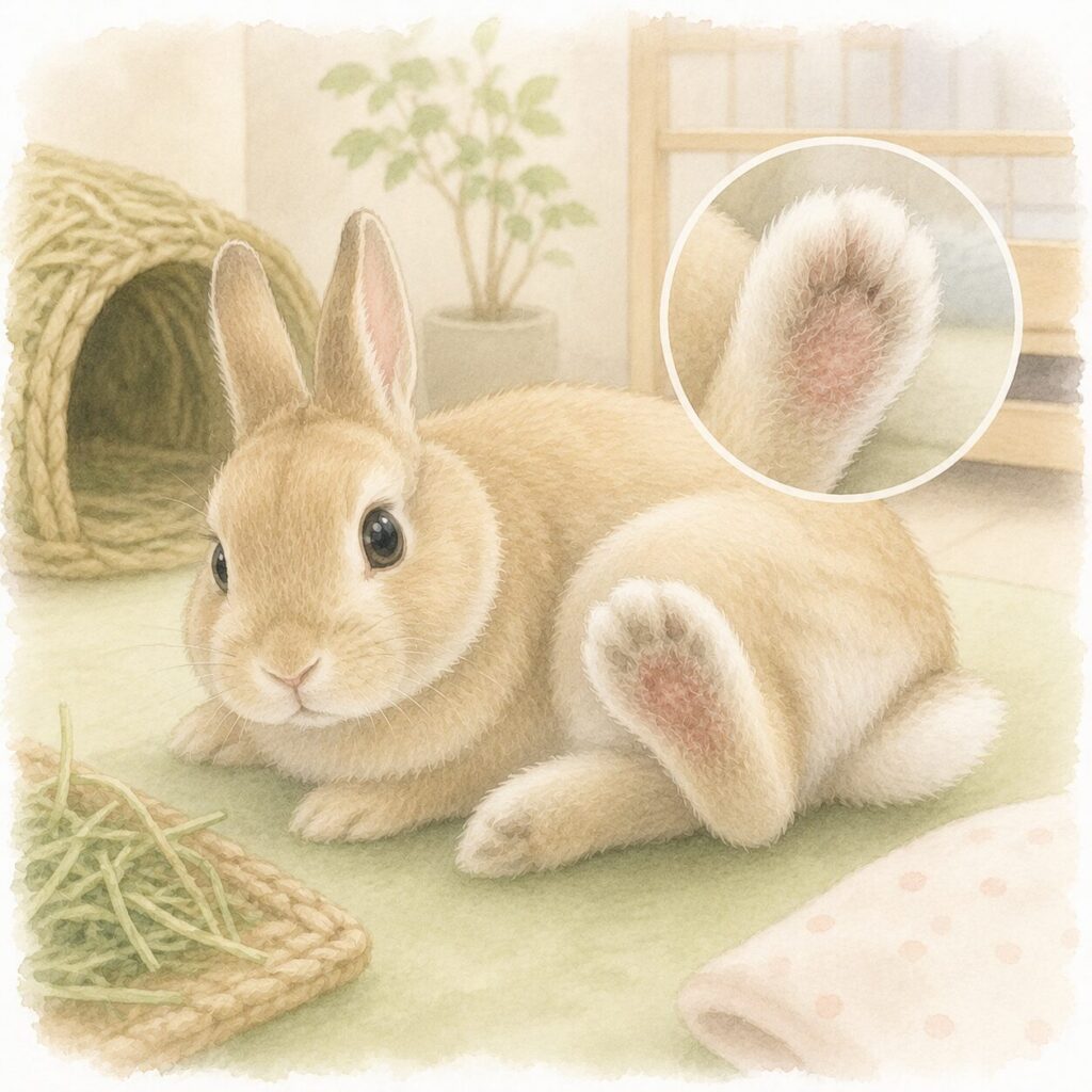 足裏の毛が薄くなり赤みが見られるうさぎ（ソアホックをイメージした様子）