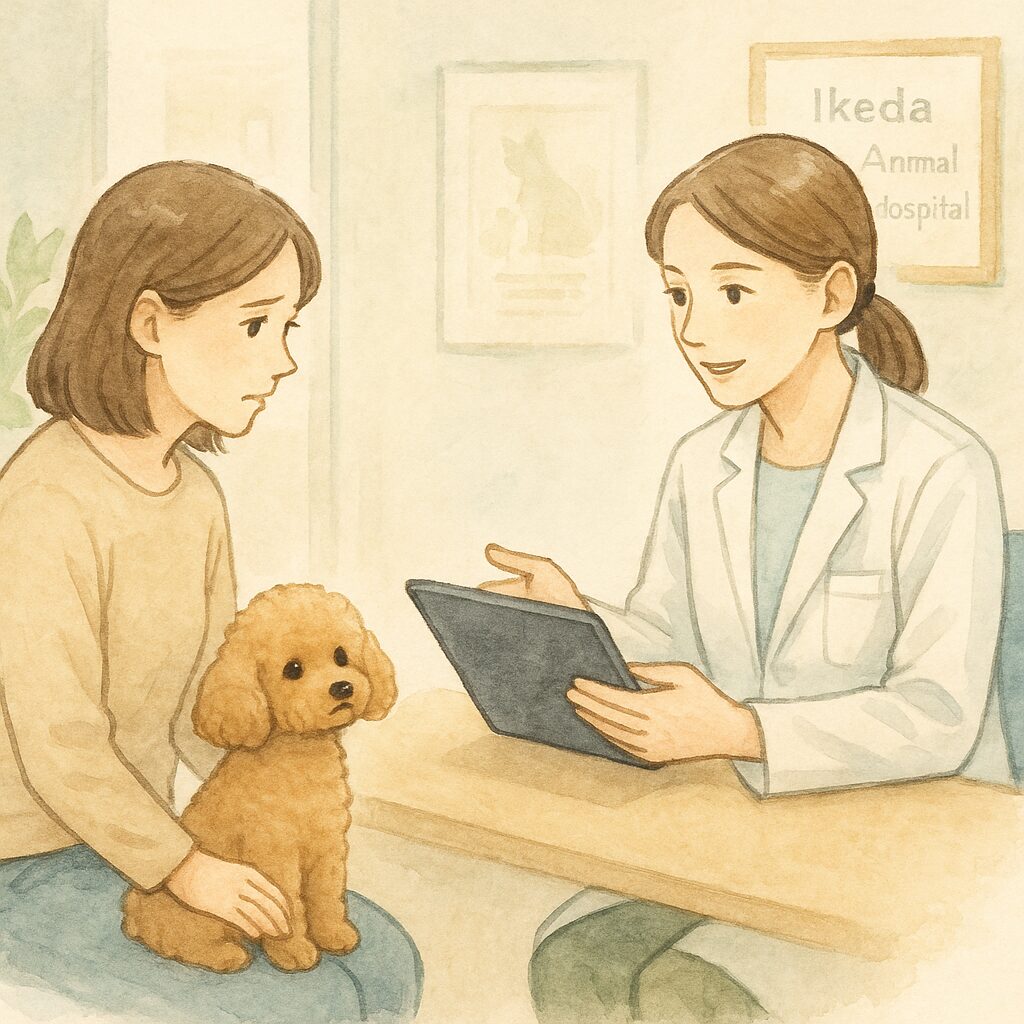 トイプードルと飼い主が避妊手術について獣医師から説明を受けている様子（子宮蓄膿症の予防相談）
